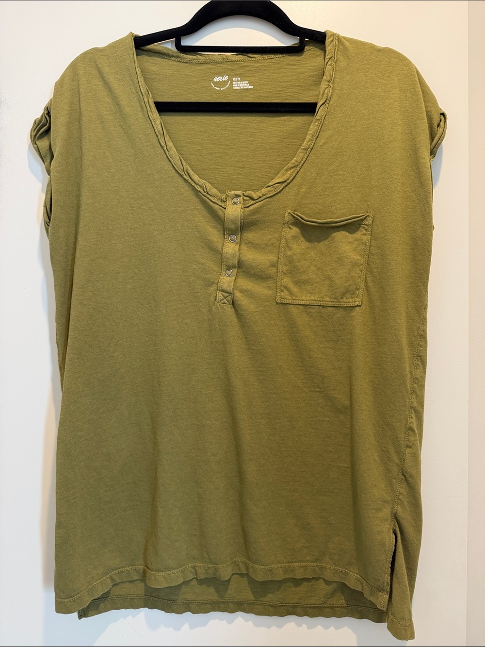 aerie Olive Henley Pocket Short Sleeve Tee